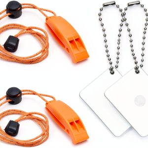 Eco-Fused 2X Survival Whistle and 2X Signal Mirror - Outdoor Survival Kit Rescue Flash Mirror - Clip-on Whistle with Lanyard - Backpacking, Camping, Marine Use, Outdoor Activities-0
